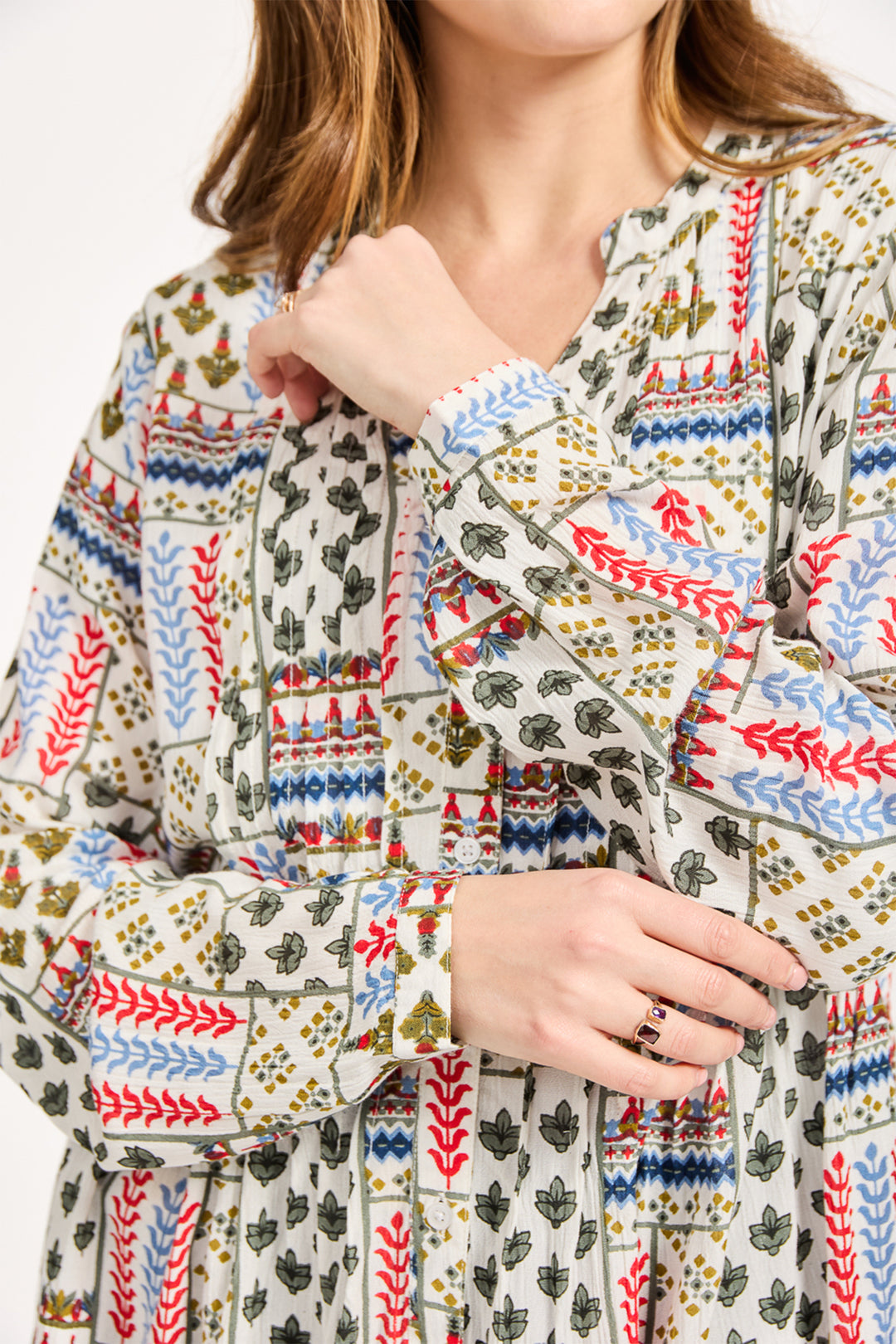 Mudflower Shirt Pintuck Printed Red Combo SU-25MF-594 - Shirley Allum Boutique