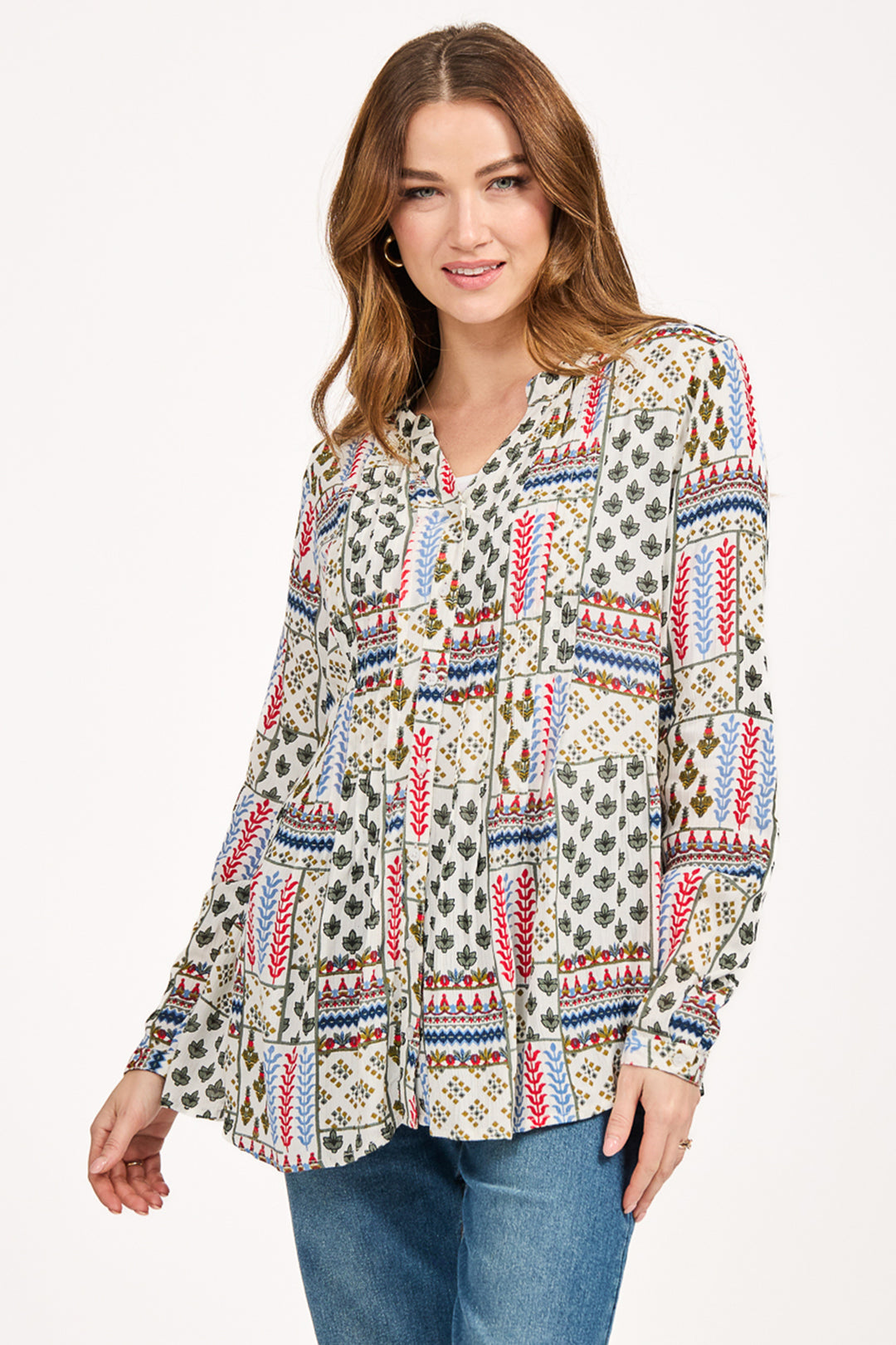 Mudflower Shirt Pintuck Printed Red Combo SU-25MF-594 - Shirley Allum Boutique