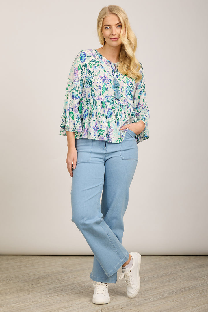 Mudflower Top Tassle Tie Printed Blue SU-24MF-478 - Shirley Allum Boutique