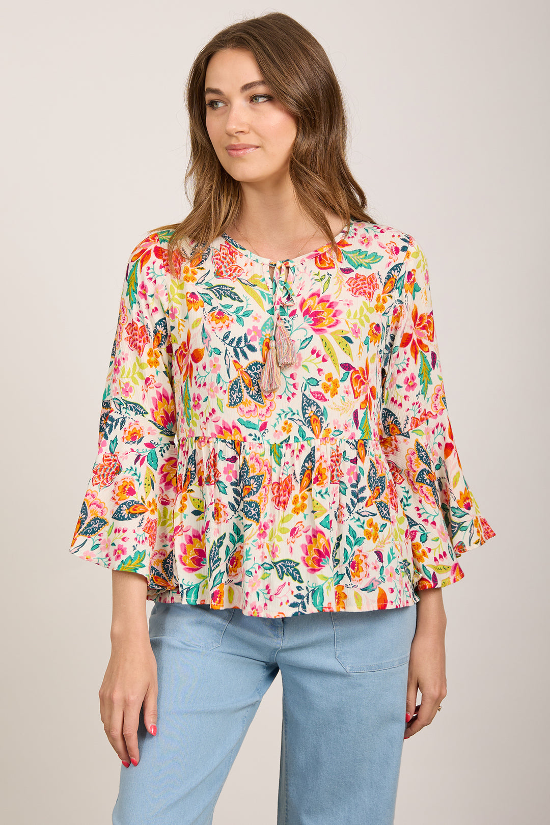 Mudflower Top Tassle Tie Printed Orange SU-24MF-478 - Shirley Allum Boutique