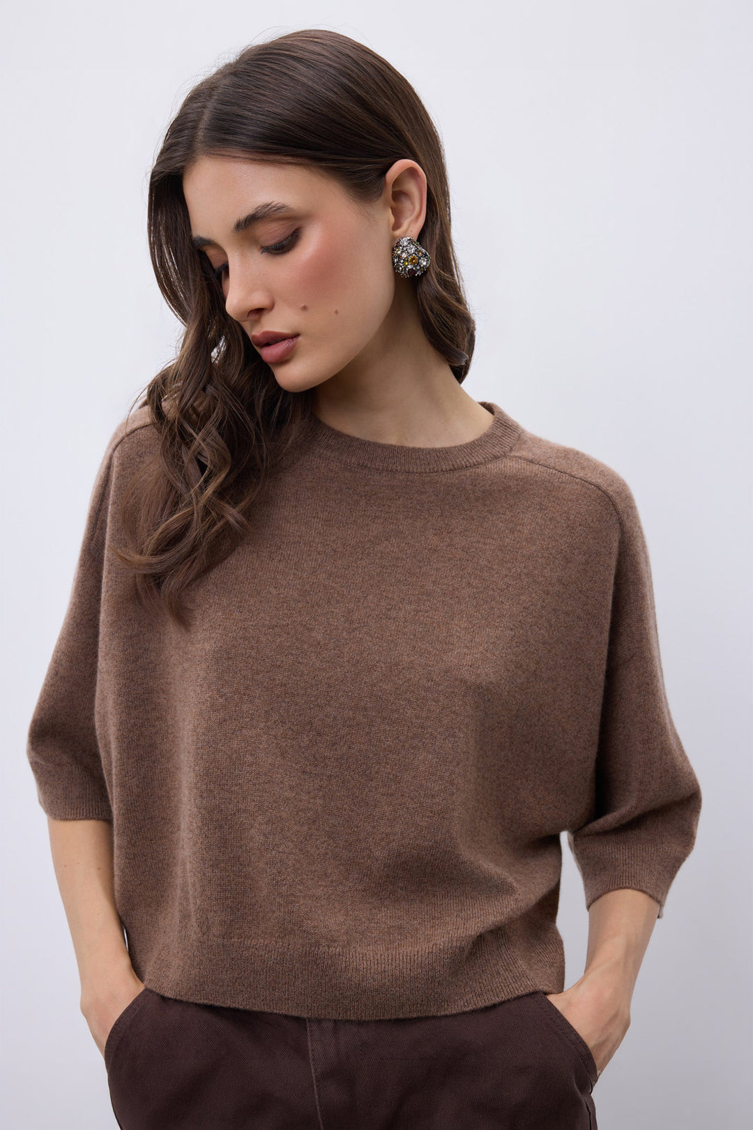 Notshy Lilou Cafe Au Lait Brown Jumper NF1F006WSC000, close-up worn front