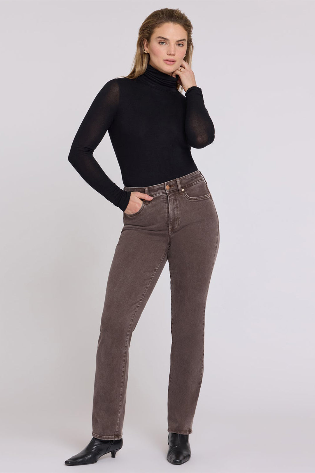 NYDJ Marilyn Retro Espresso Brown High Rise Straight Jeans MPFTMS8811 RTESP, full length with hand in pocket