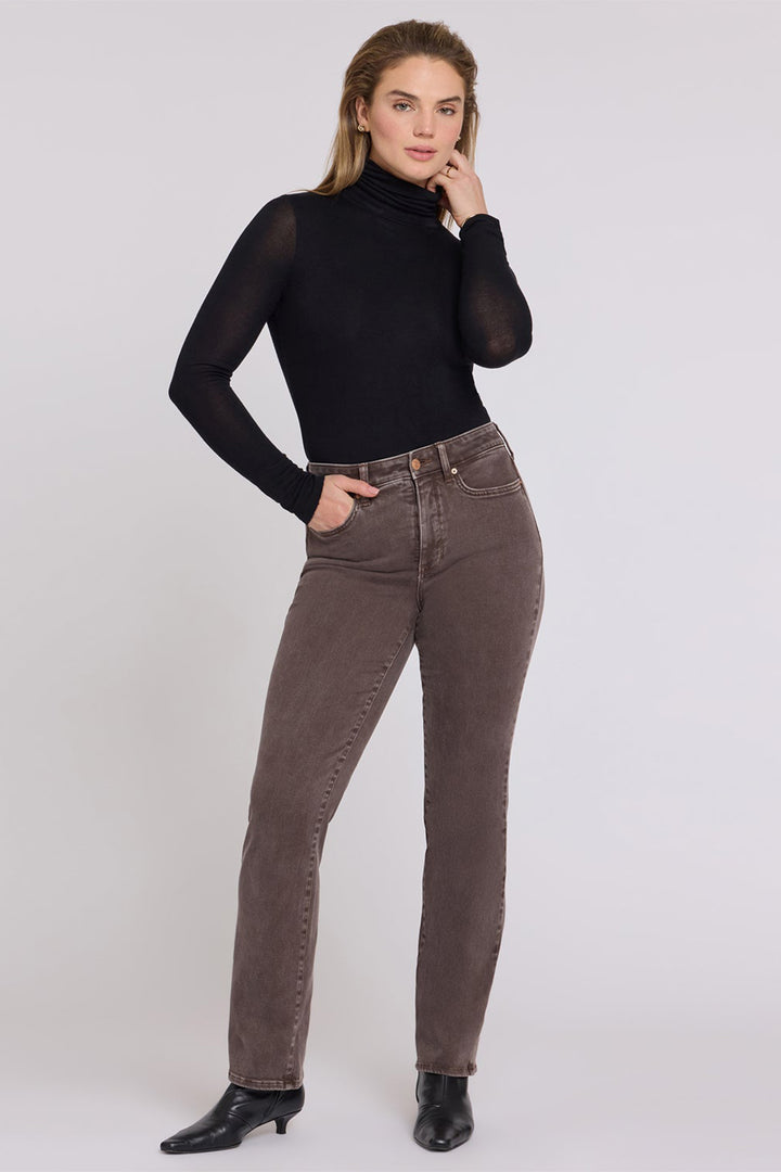 NYDJ Marilyn Retro Espresso Brown High Rise Straight Jeans MPFTMS8811 RTESP, full length with hand in pocket