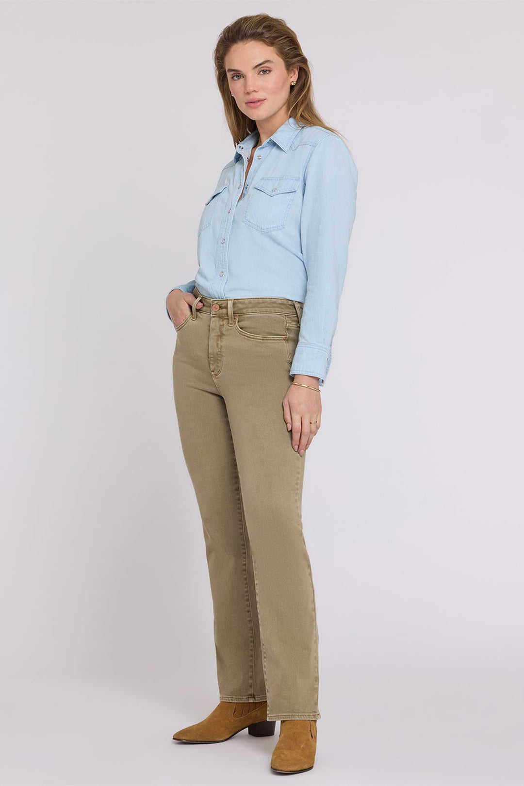 NYDJ Marilyn Retro Travertine Beige High Rise Straight Jeans MPFTMS8811 RTRTA, full length with hand in pocket