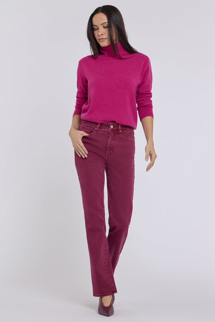 NYDJ Marilyn Retro True Burgundy Red High Rise Straight Jeans MPFTMS8811 RTBRG, full length with hand in pocket