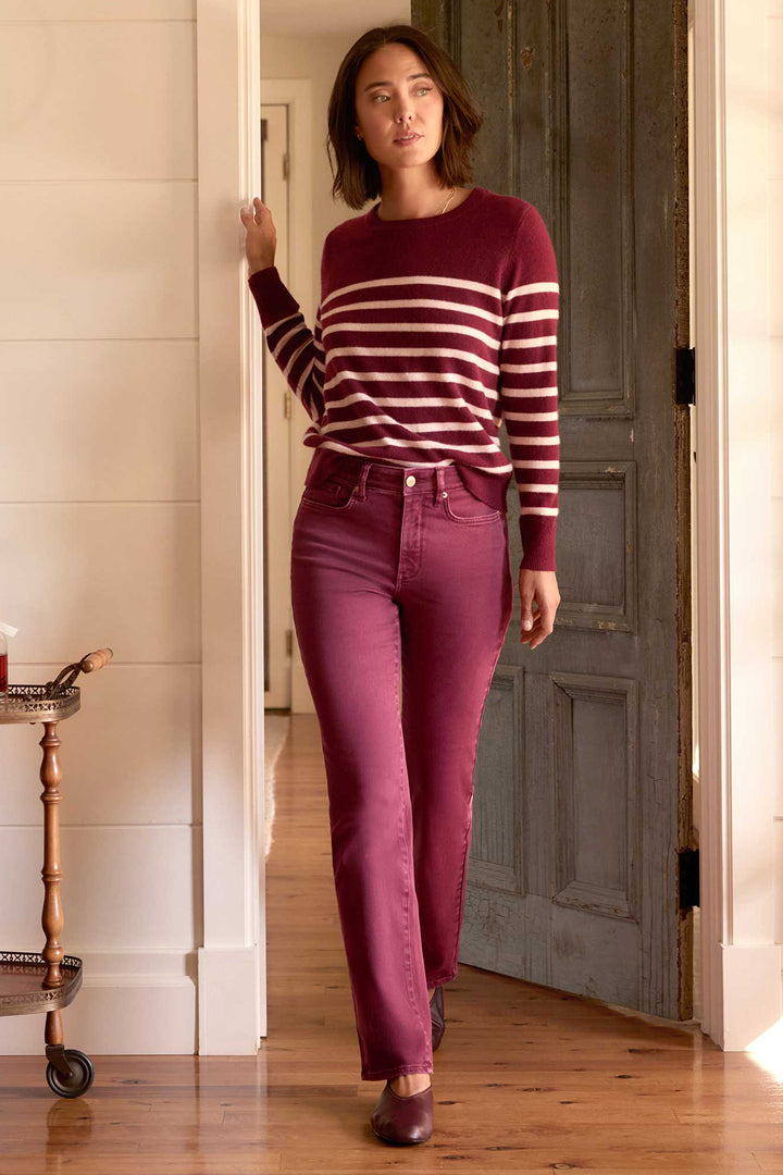 NYDJ Marilyn Retro True Burgundy Red High Rise Straight Jeans MPFTMS8811 RTBRG, styled with a striped jumper