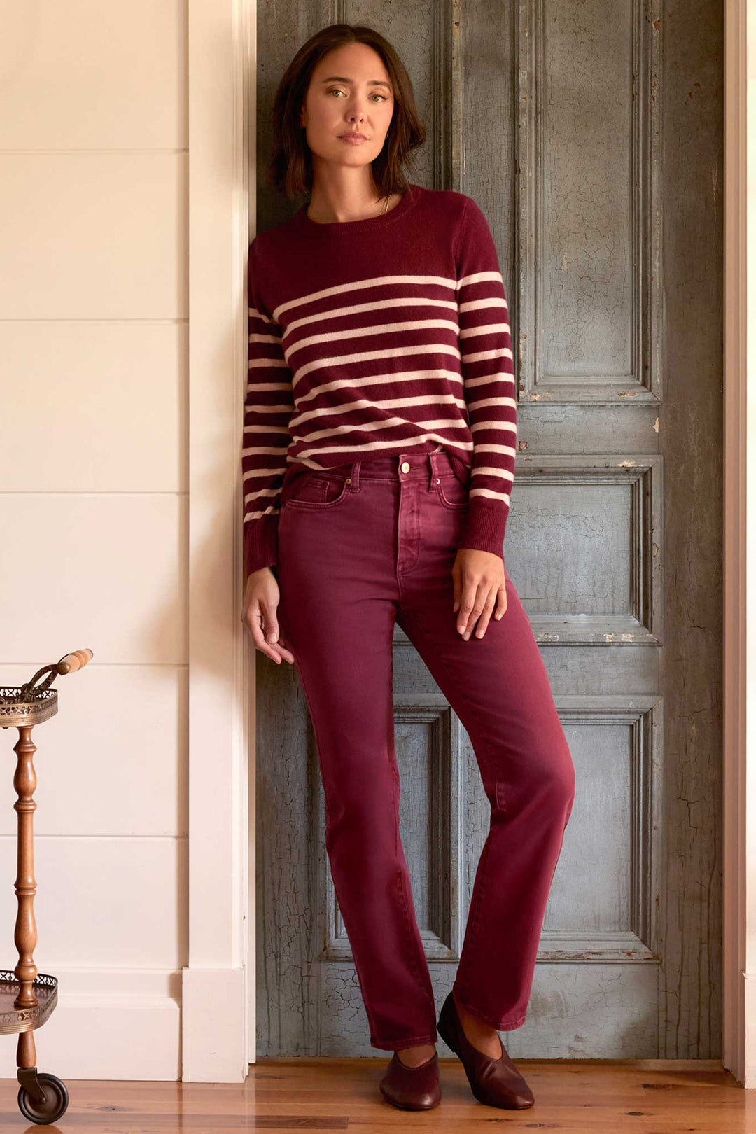 NYDJ Marilyn Retro True Burgundy Red High Rise Straight Jeans MPFTMS8811 RTBRG, styled full length by a doorway