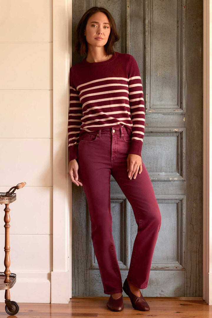 NYDJ Marilyn Retro True Burgundy Red High Rise Straight Jeans MPFTMS8811 RTBRG, styled full length by a doorway