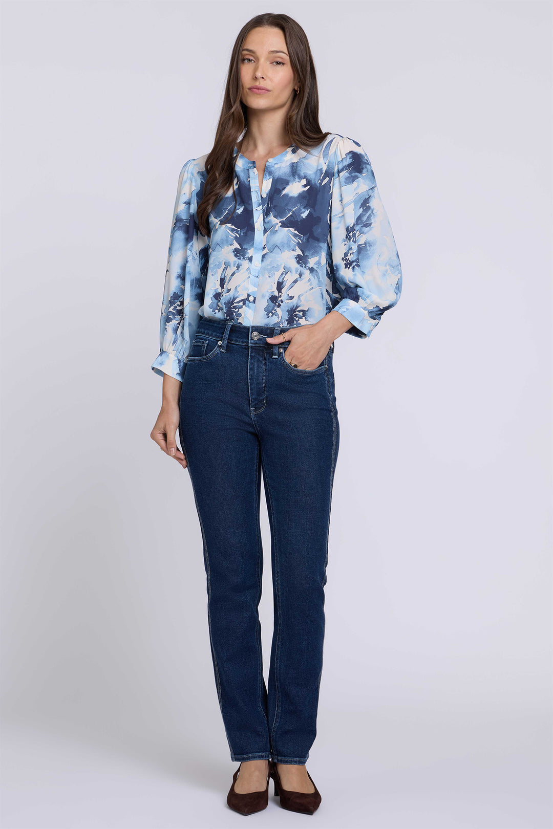 NYDJ Sheri Dark Stone Blue High Rise Slim Straight Jeans MBDDSS9501 DRKST, full length worn with a print blouse