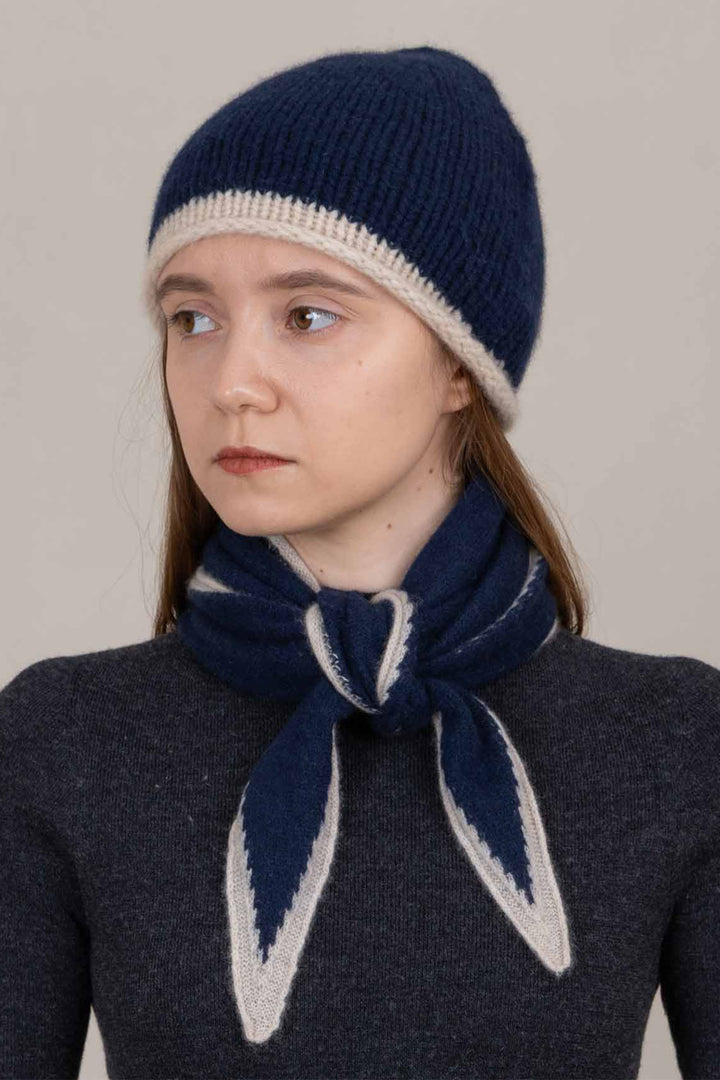 Oats &amp; Rice Austen Navy Cashmere Scarf OR25-NS02, worn, front view