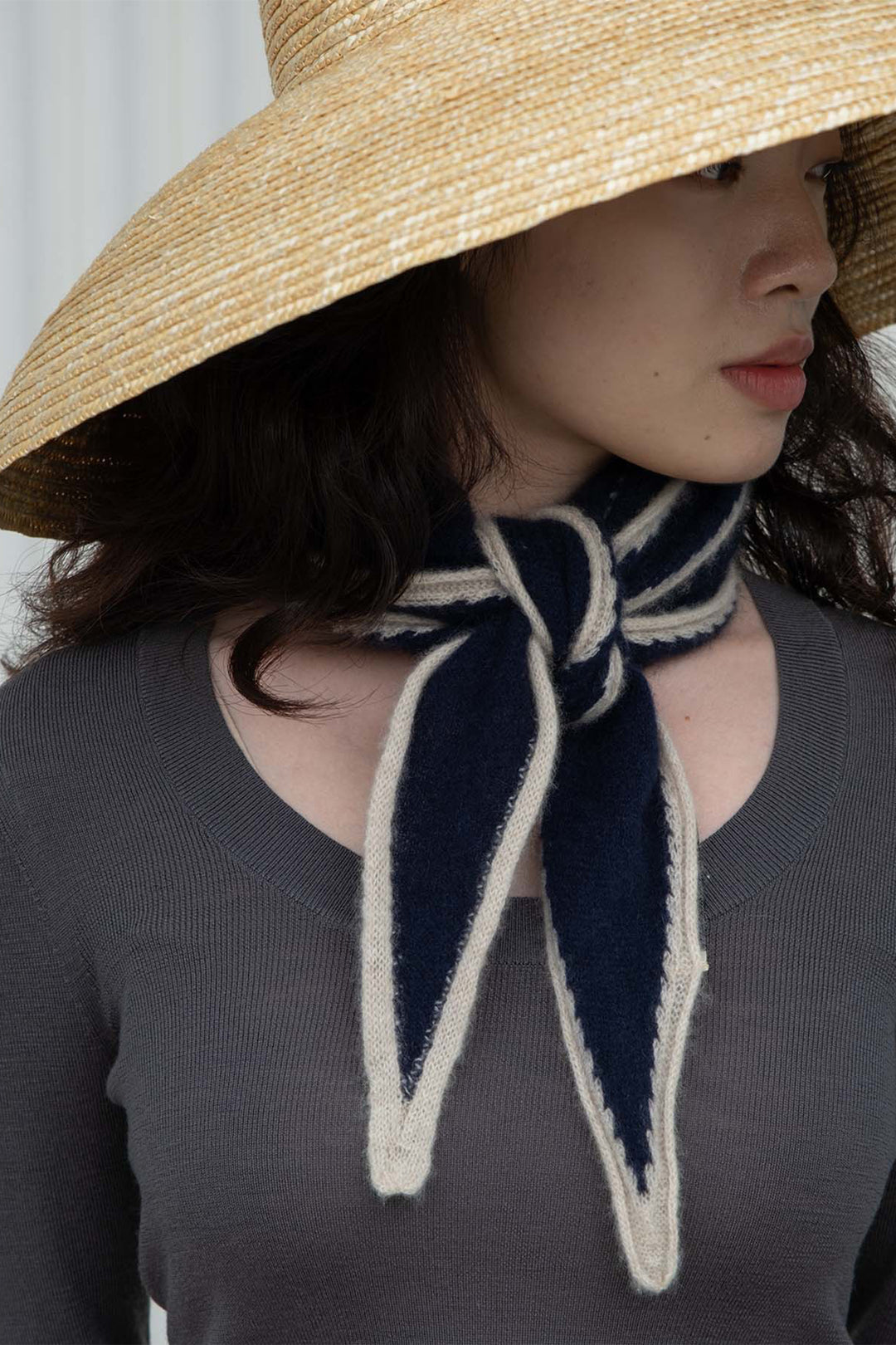 Oats &amp; Rice Austen Navy Cashmere Scarf OR25-NS02, worn, side view
