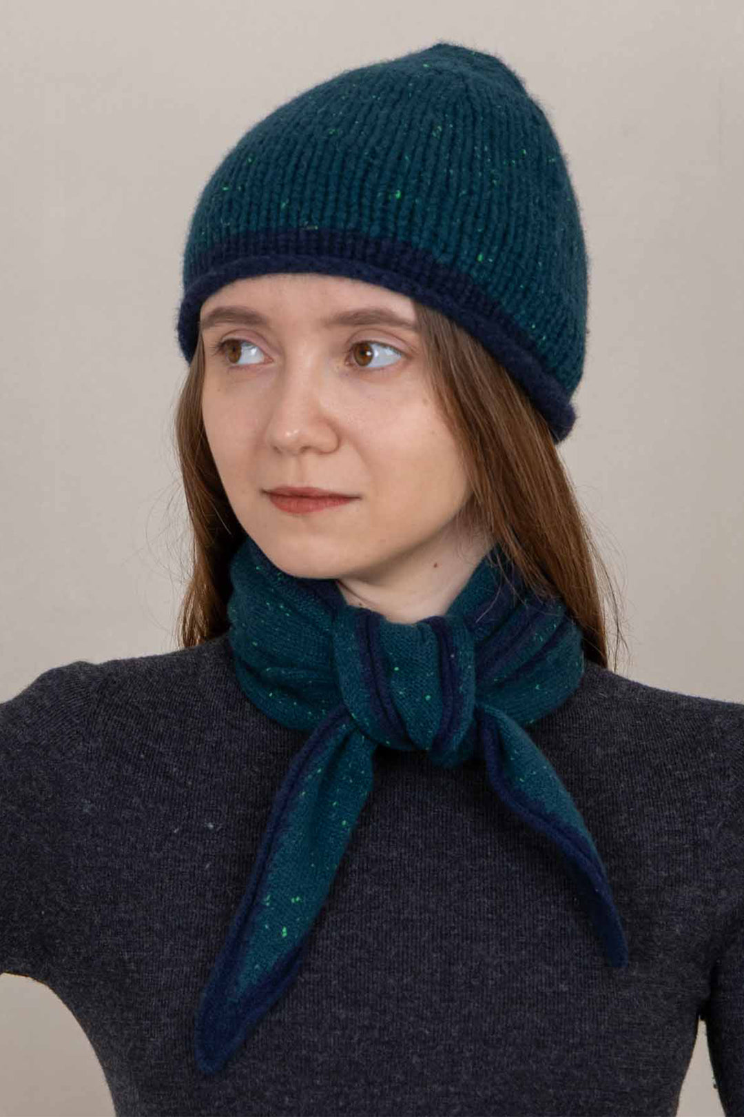 Oats &amp; Rice Austen Pine Green Cashmere Scarf OR25-NS02, worn, front view