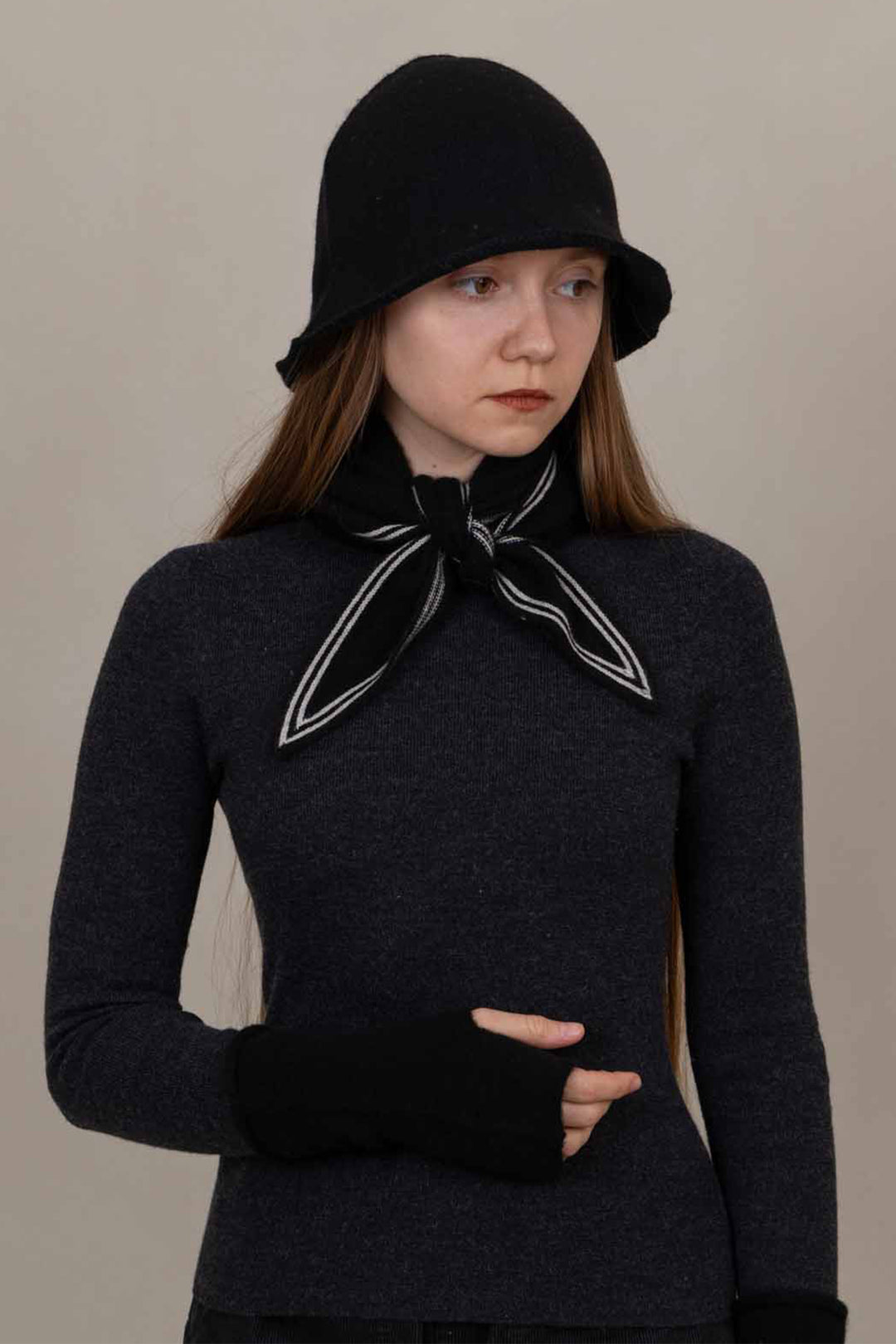 Oats &amp; Rice Bronte Black Cashmere Scarf OR25-NS01, worn, front view