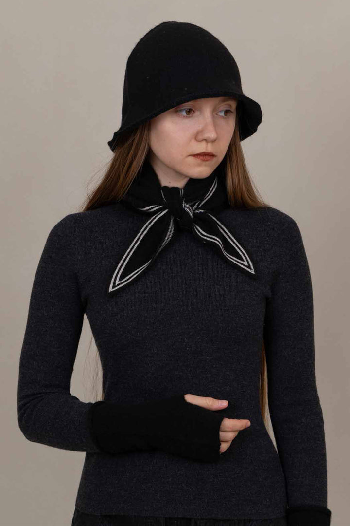 Oats &amp; Rice Bronte Black Cashmere Scarf OR25-NS01, worn, front view