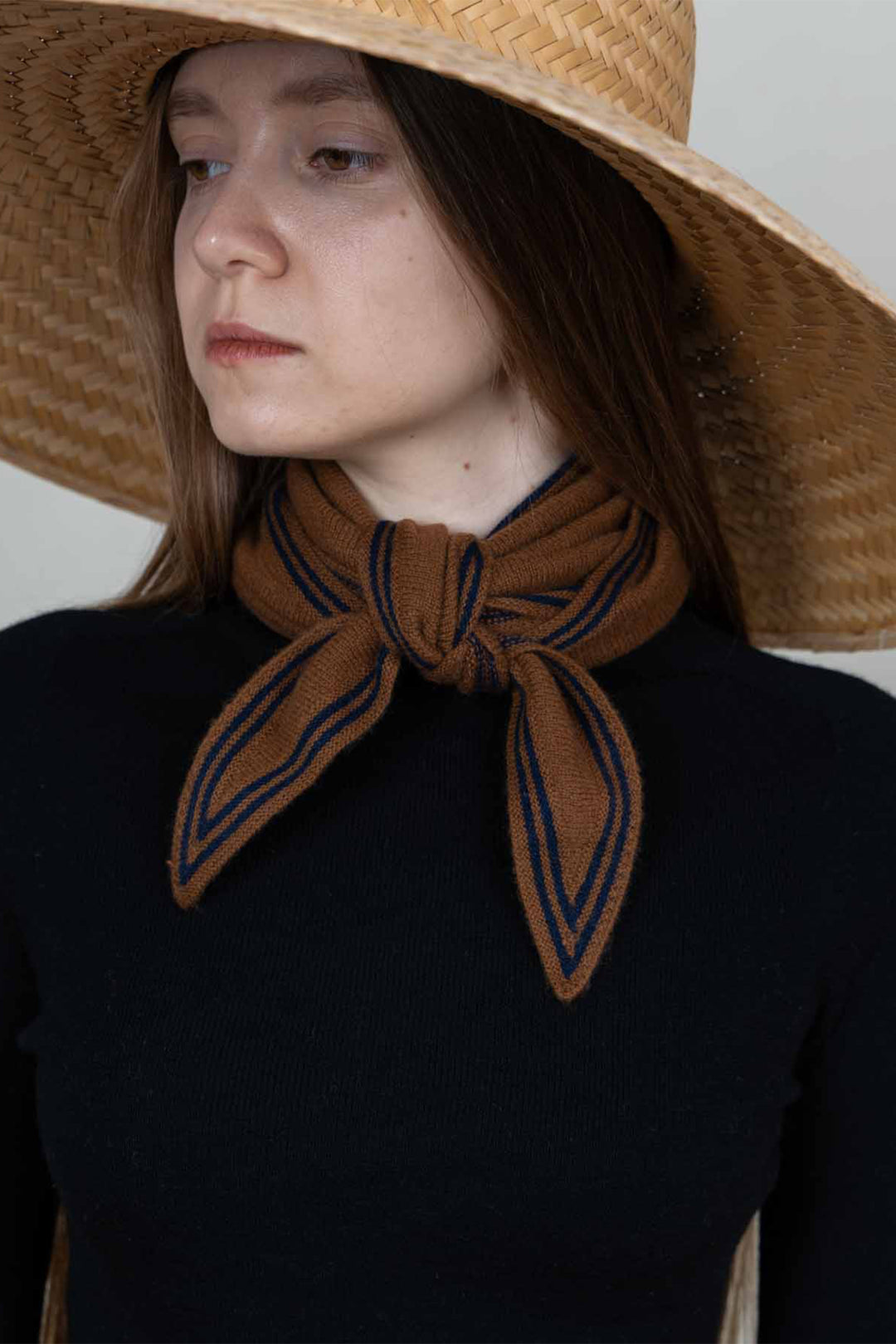 Oats &amp; Rice Bronte Tawny Brown Cashmere Scarf OR25-NS01, worn, front view