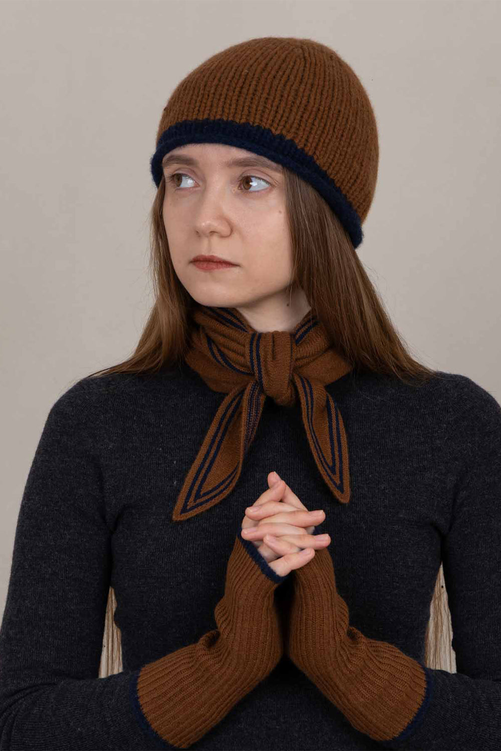 Oats & Rice Bronte Tawny Brown Cashmere Scarf OR25-NS01, styled with a beanie and hand warmers