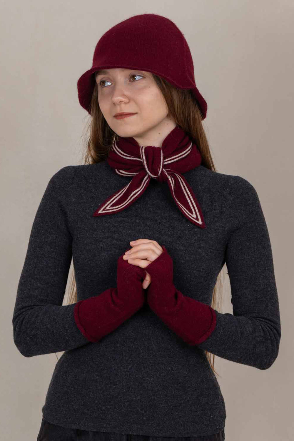 Oats & Rice Bronte Wine Red Cashmere Scarf OR25-NS01, styled with a hat and hand warmers