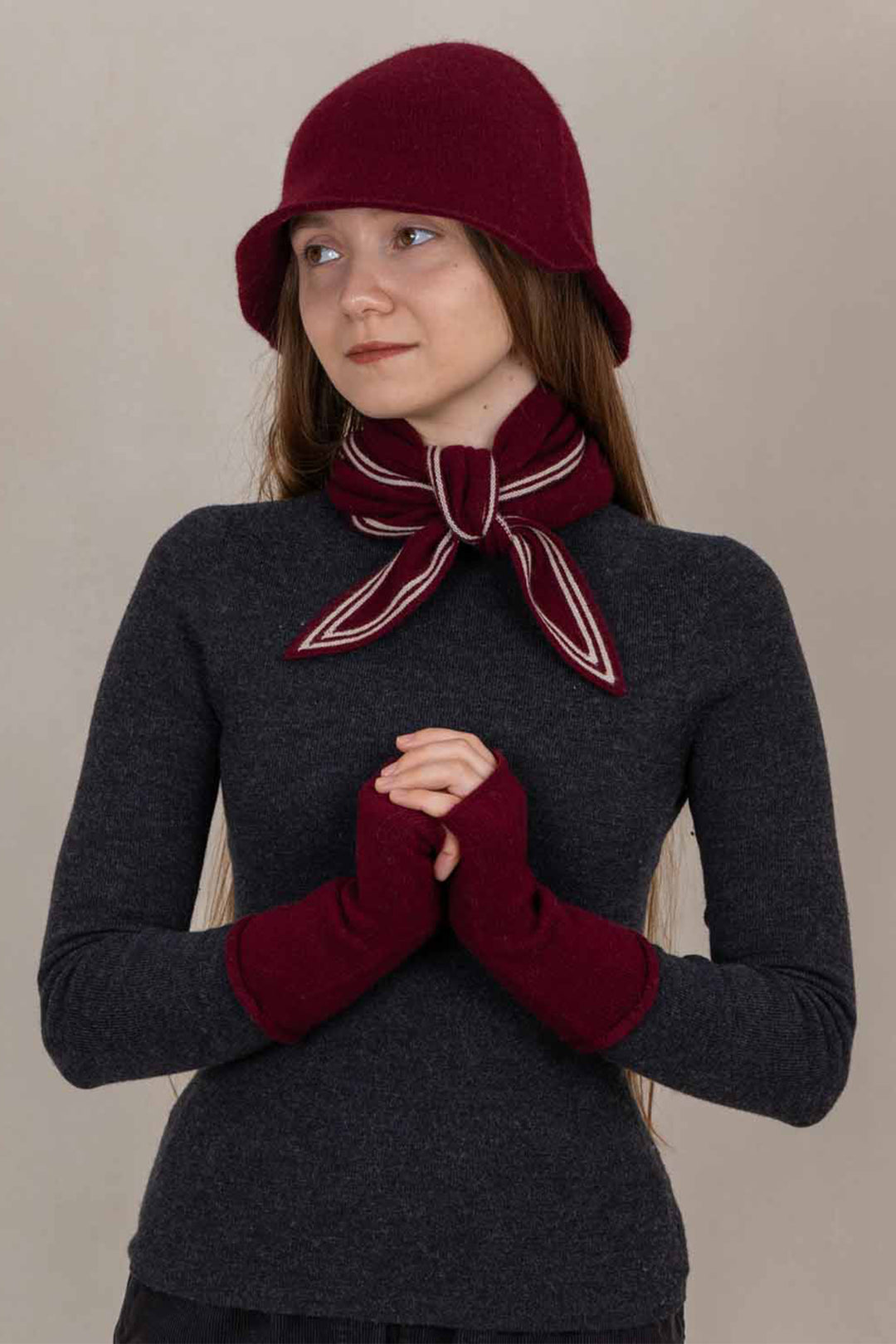 Oats &amp; Rice Bronte Wine Red Cashmere Scarf OR25-NS01, styled with a hat and hand warmers