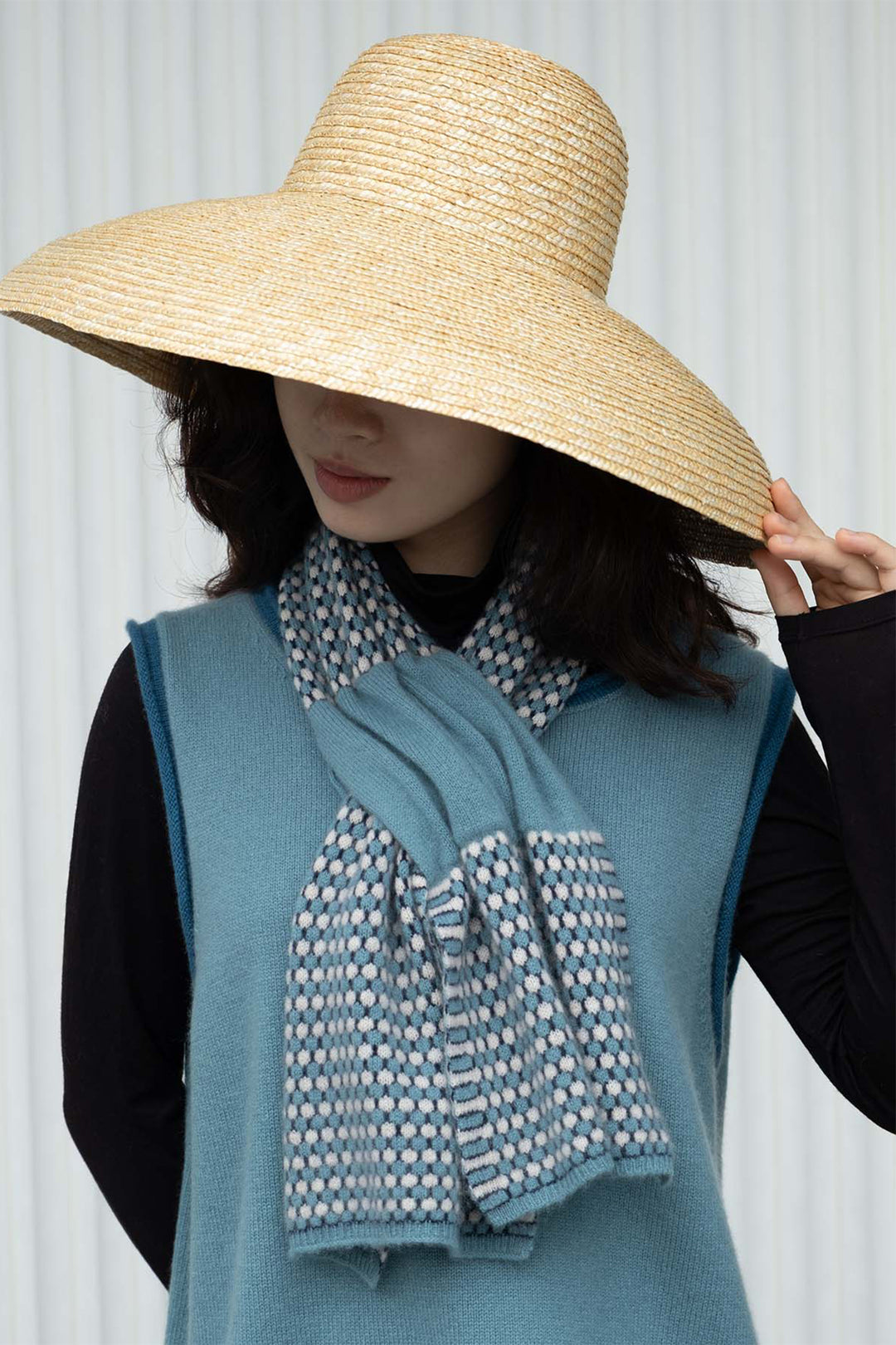 Oats &amp; Rice Coral Blue Cashmere Keyhole Scarf OR25-NS05, worn, front view