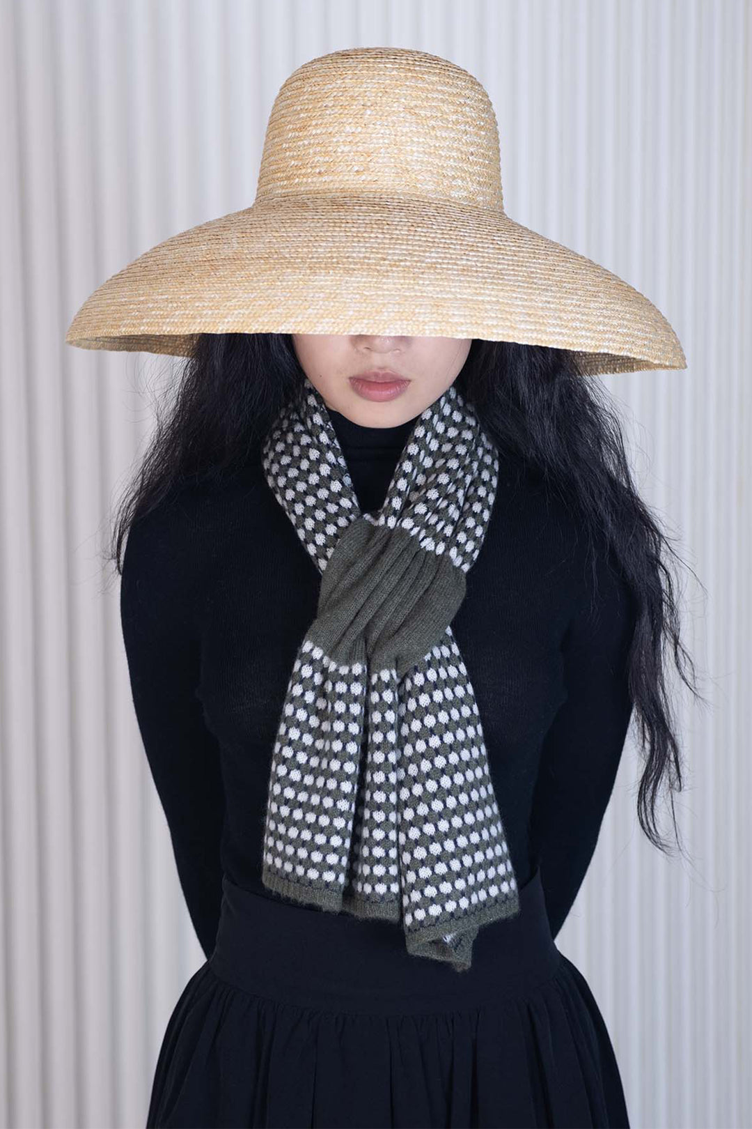 Oats &amp; Rice Coral Green Cashmere Keyhole Scarf OR25-NS05, worn, front view