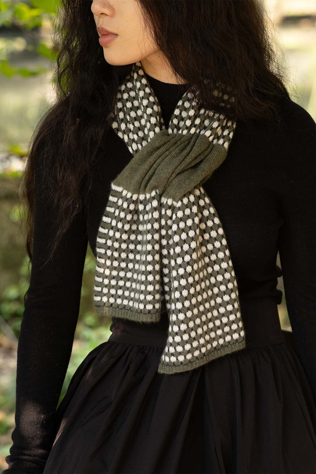 Oats &amp; Rice Coral Green Cashmere Keyhole Scarf OR25-NS05, worn, close up