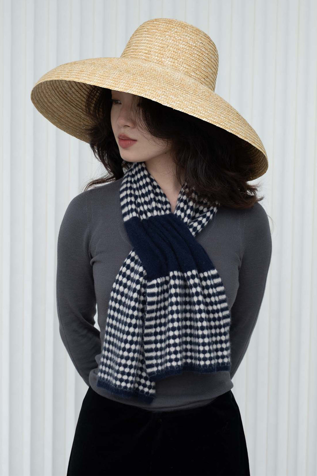 Oats &amp; Rice Coral Navy Cashmere Keyhole Scarf OR25-NS05, worn, front view