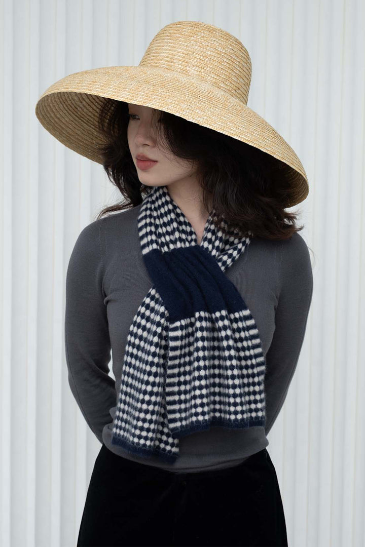 Oats &amp; Rice Coral Navy Cashmere Keyhole Scarf OR25-NS05, worn, front view