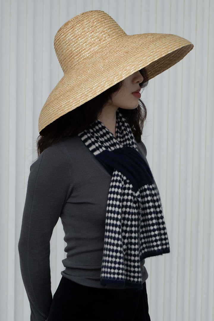 Oats &amp; Rice Coral Navy Cashmere Keyhole Scarf OR25-NS05, worn, three-quarter view