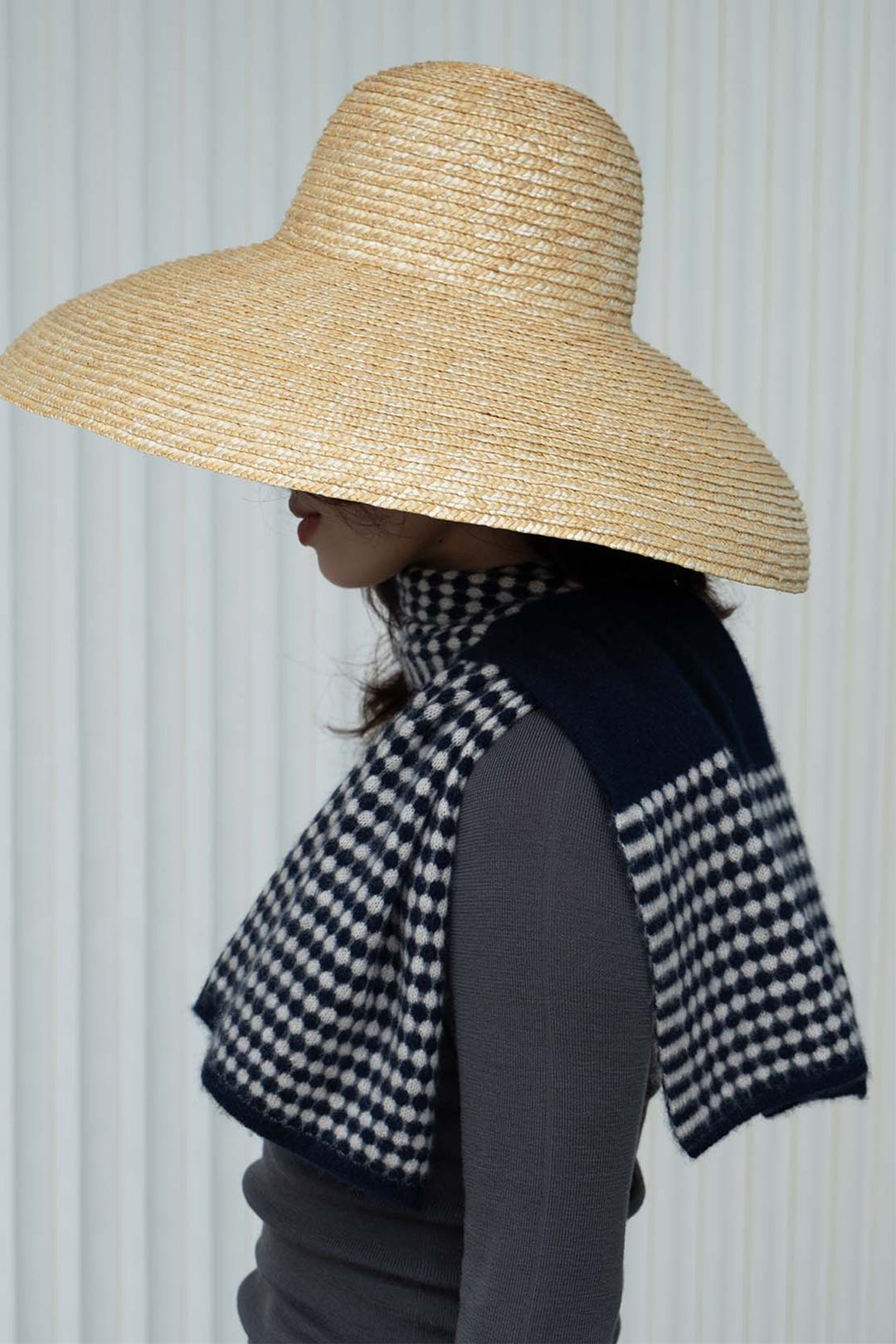 Oats &amp; Rice Coral Navy Cashmere Keyhole Scarf OR25-NS05, worn, side view