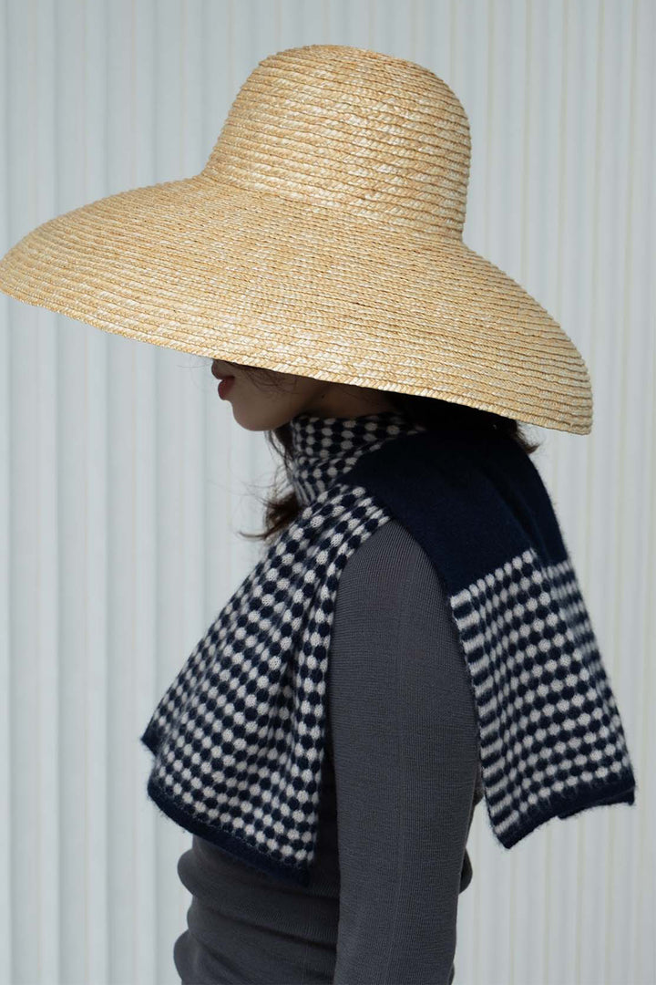 Oats &amp; Rice Coral Navy Cashmere Keyhole Scarf OR25-NS05, worn, side view