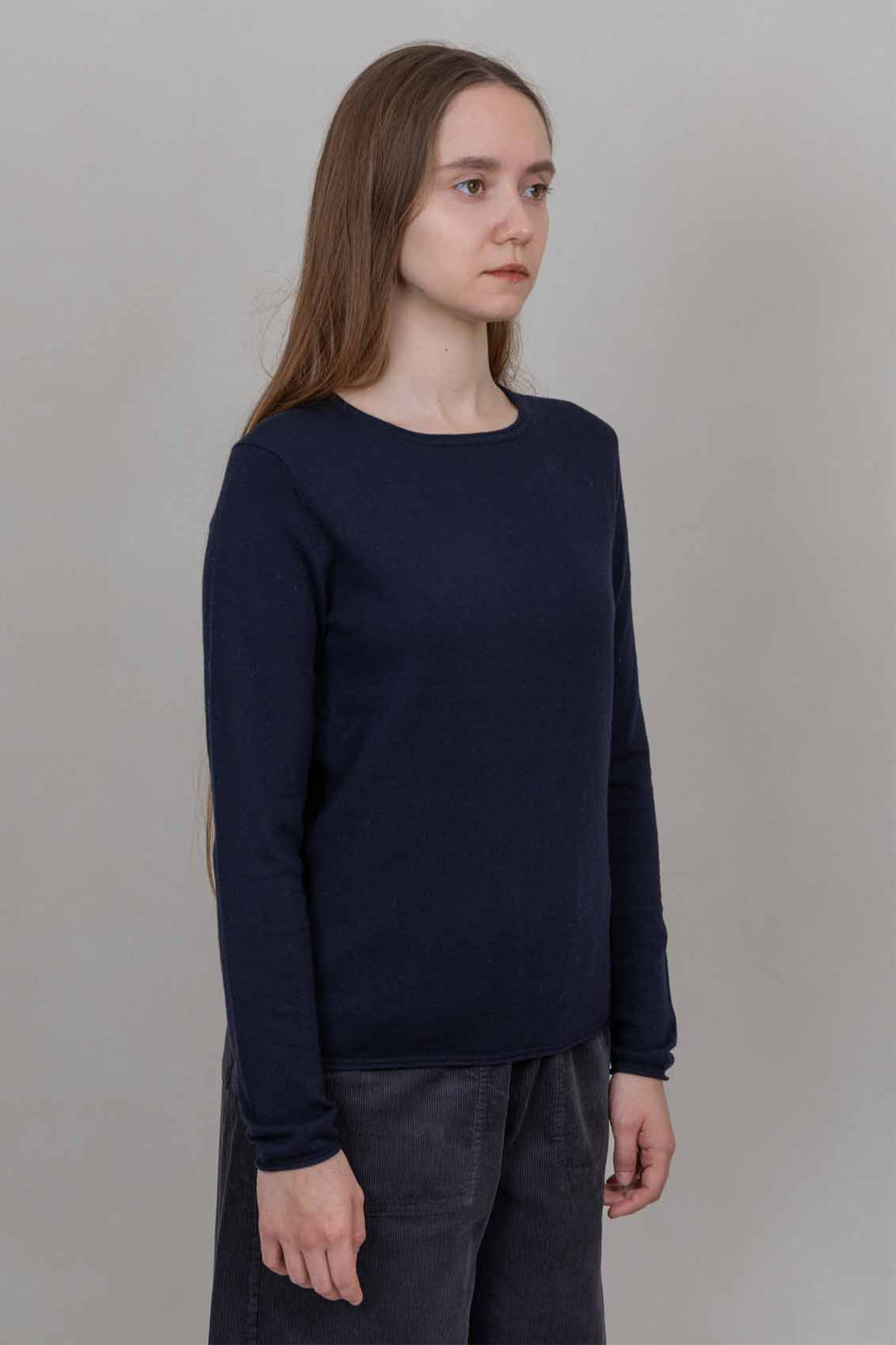 Oats &amp; Rice Elmer Navy Cashmere Cotton Top OR26-C04, worn, three-quarter view