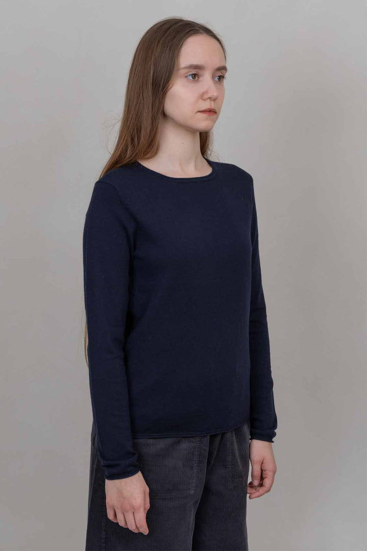 Oats &amp; Rice Elmer Navy Cashmere Cotton Top OR26-C04, worn, three-quarter view