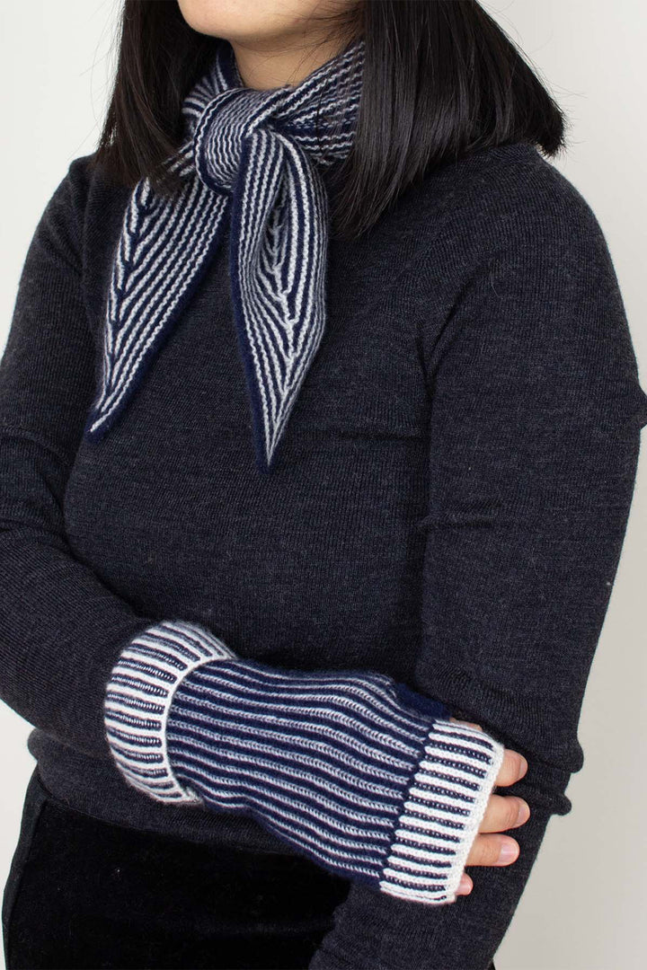 Oats &amp; Rice Marine Navy Cashmere Hand Warmer Gloves OR25-G03, styled with a matching scarf
