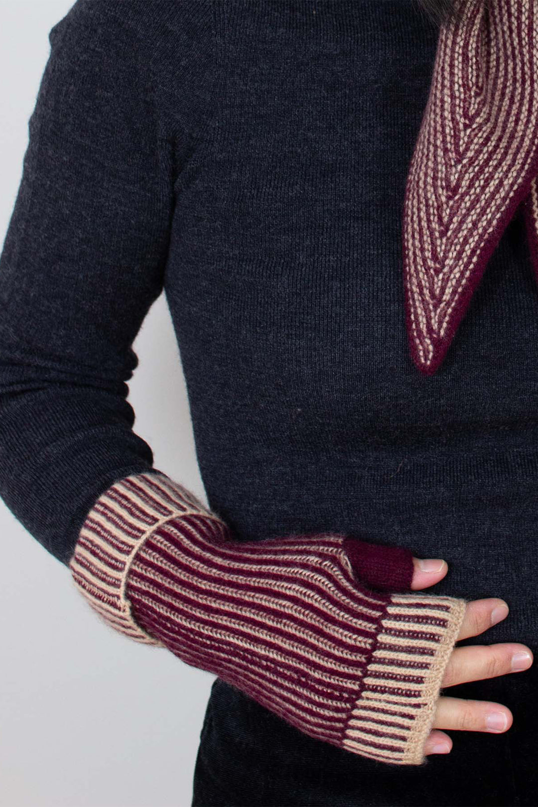 Oats &amp; Rice Marine Wine Red Cashmere Hand Warmer Gloves OR25-G03, worn with a matching scarf