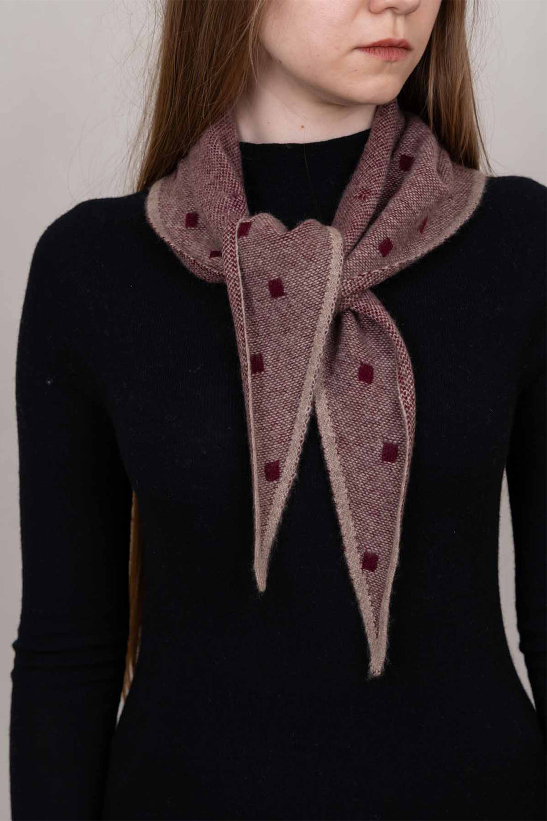 Oats &amp; Rice Mia Claret Pink Cashmere Neckerchief Scarf OR26-NS07, worn, front view