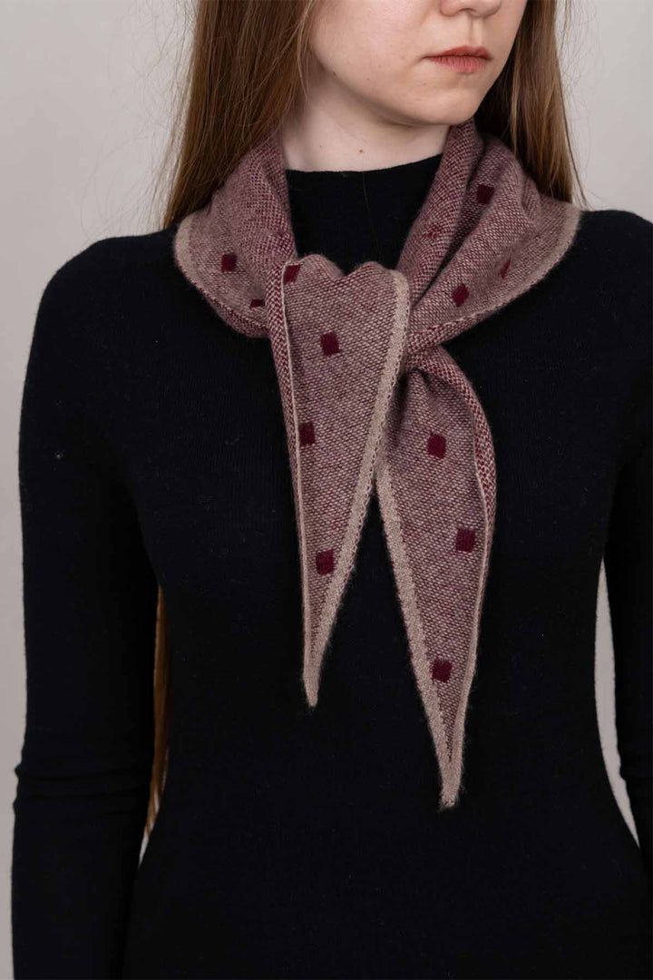Oats &amp; Rice Mia Claret Pink Cashmere Neckerchief Scarf OR26-NS07, worn, front view