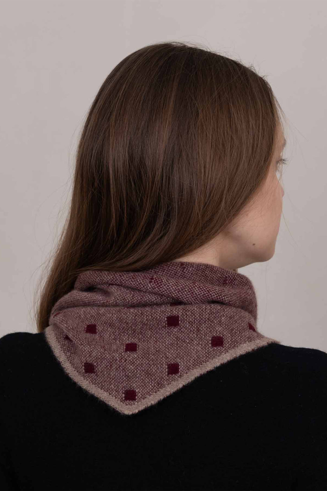 Oats &amp; Rice Mia Claret Pink Cashmere Neckerchief Scarf OR26-NS07, worn, back view