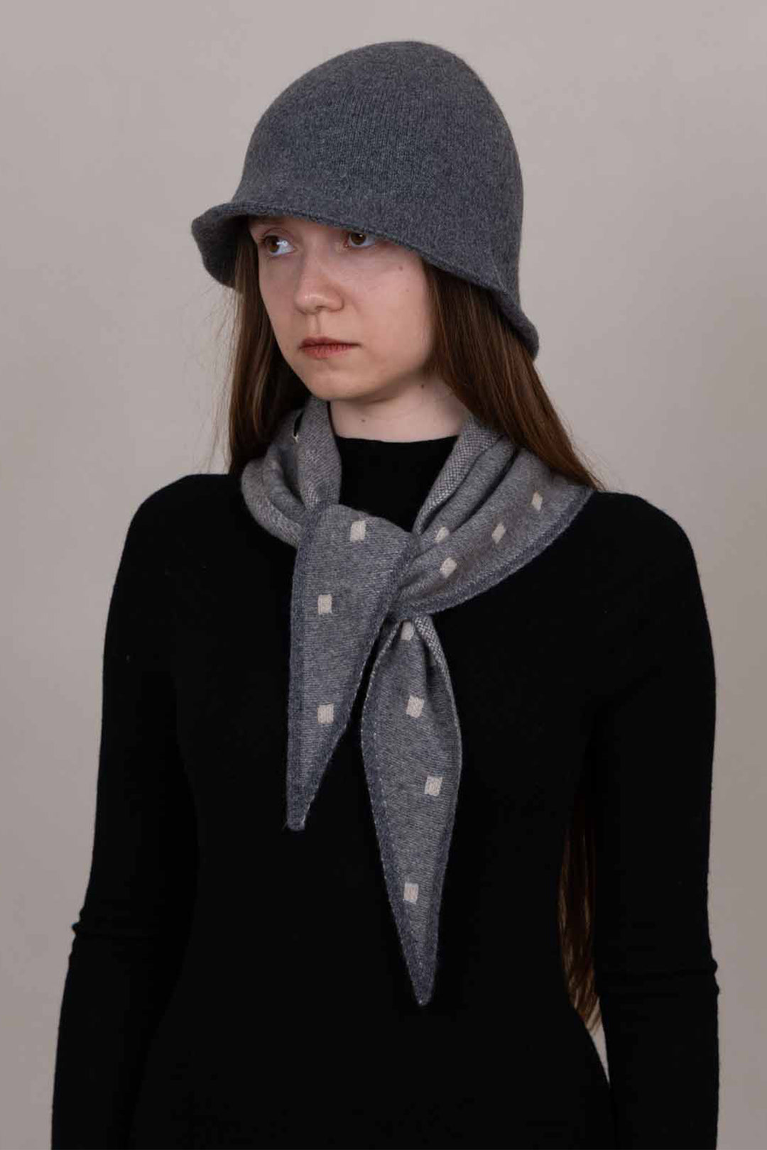 Oats &amp; Rice Mia Grey Cashmere Neckerchief Scarf OR26-NS07, worn, front view