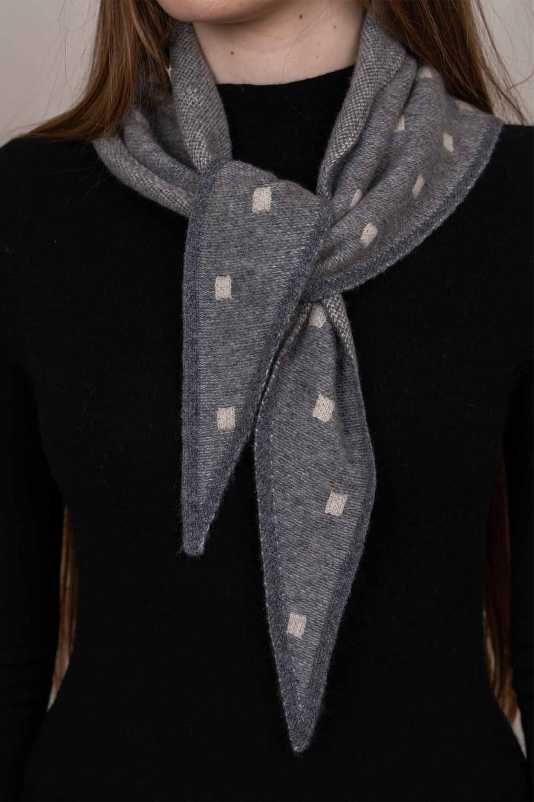 Oats &amp; Rice Mia Grey Cashmere Neckerchief Scarf OR26-NS07, worn, close up