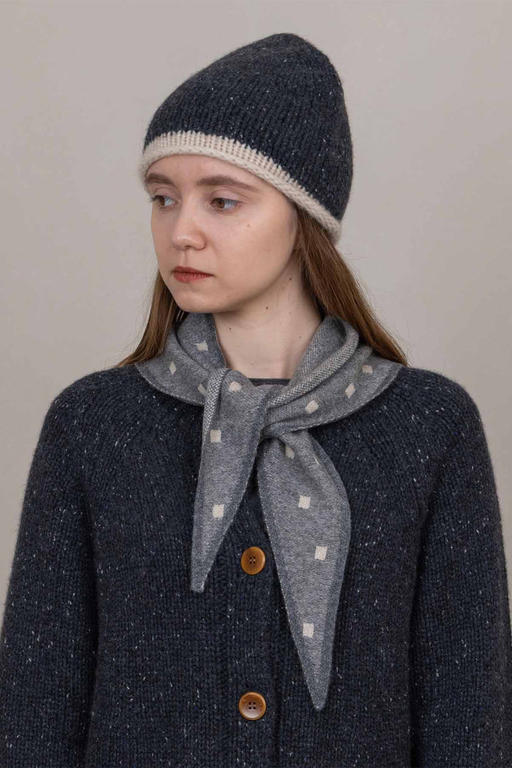 Oats &amp; Rice Mia Grey Cashmere Neckerchief Scarf OR26-NS07, styled with a beanie and cardigan