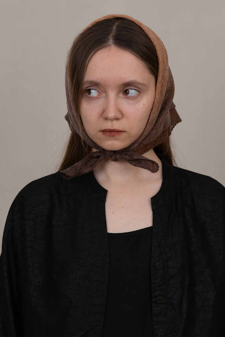 Oats &amp; Rice Muse Apricot Orange Cashmere Foulard Scarf OR26-WNS03, worn as a headscarf, front view