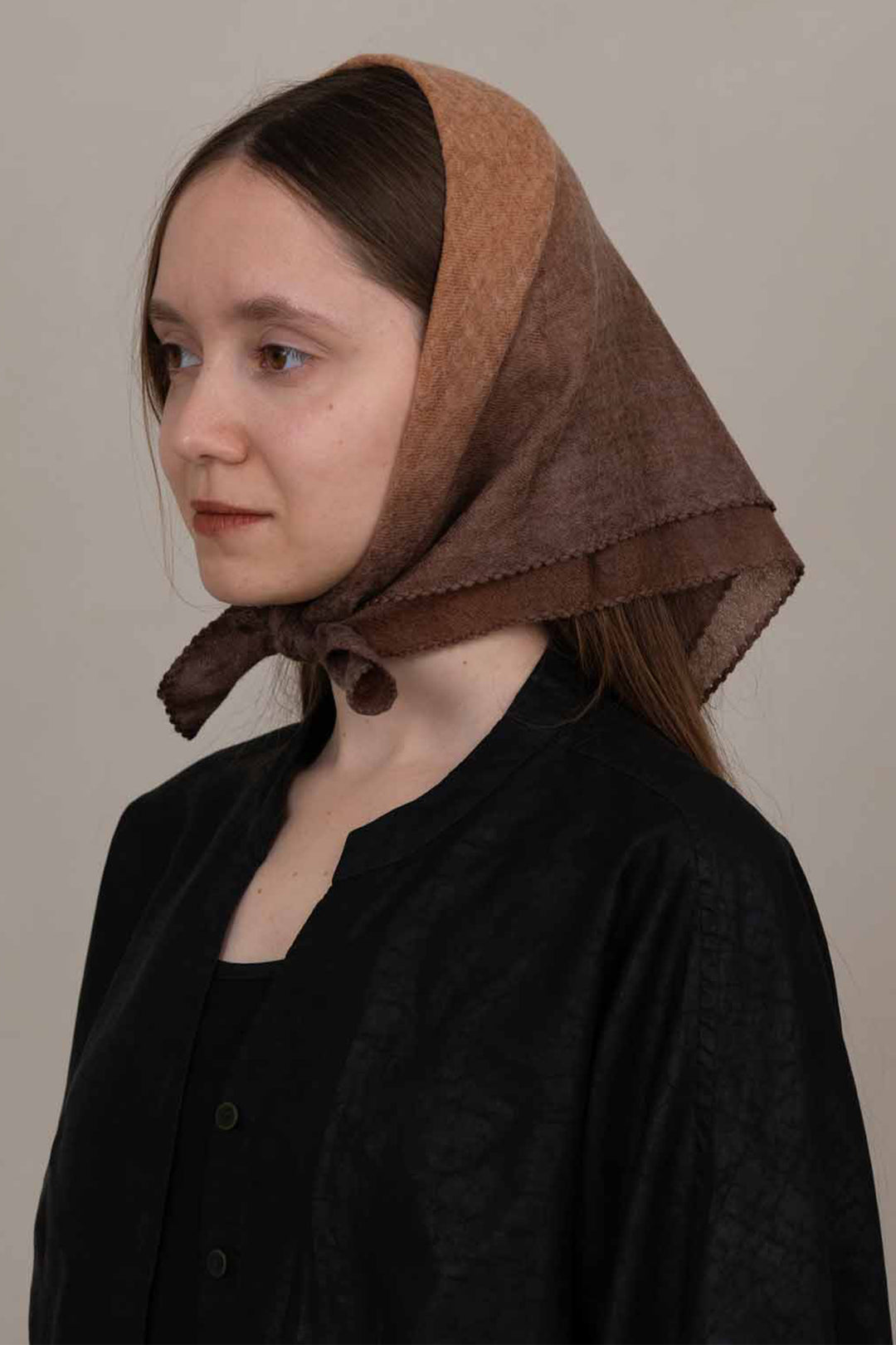Oats &amp; Rice Muse Apricot Orange Cashmere Foulard Scarf OR26-WNS03, worn as a headscarf, side view