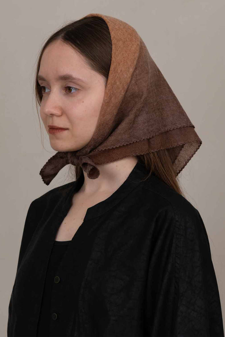 Oats &amp; Rice Muse Apricot Orange Cashmere Foulard Scarf OR26-WNS03, worn as a headscarf, side view
