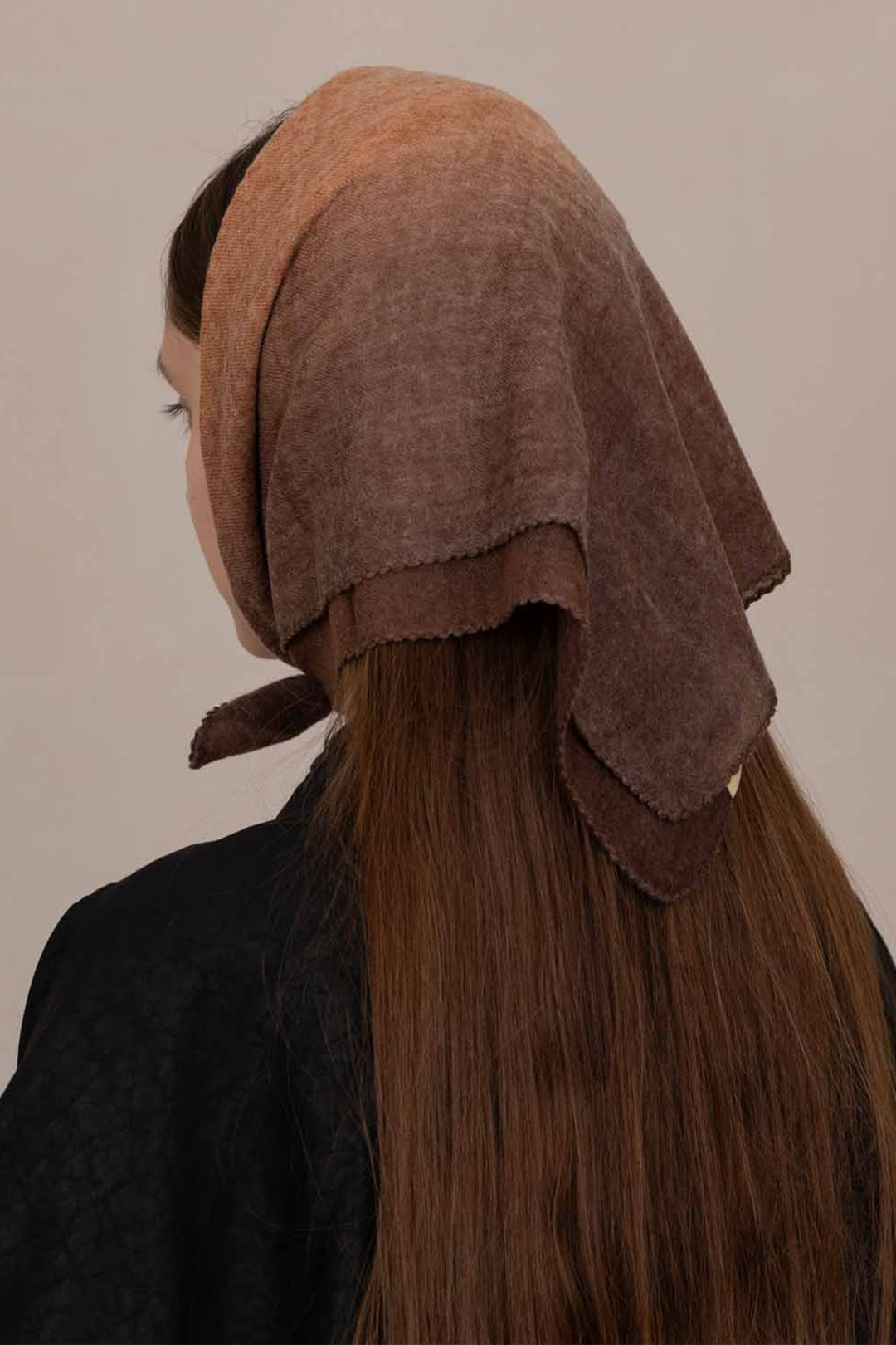 Oats &amp; Rice Muse Apricot Orange Cashmere Foulard Scarf OR26-WNS03, worn as a headscarf, back view
