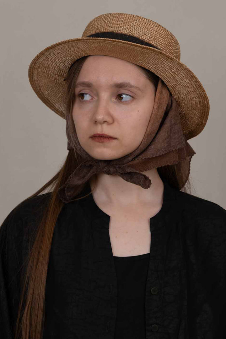 Oats &amp; Rice Muse Apricot Orange Cashmere Foulard Scarf OR26-WNS03, styled with a straw hat