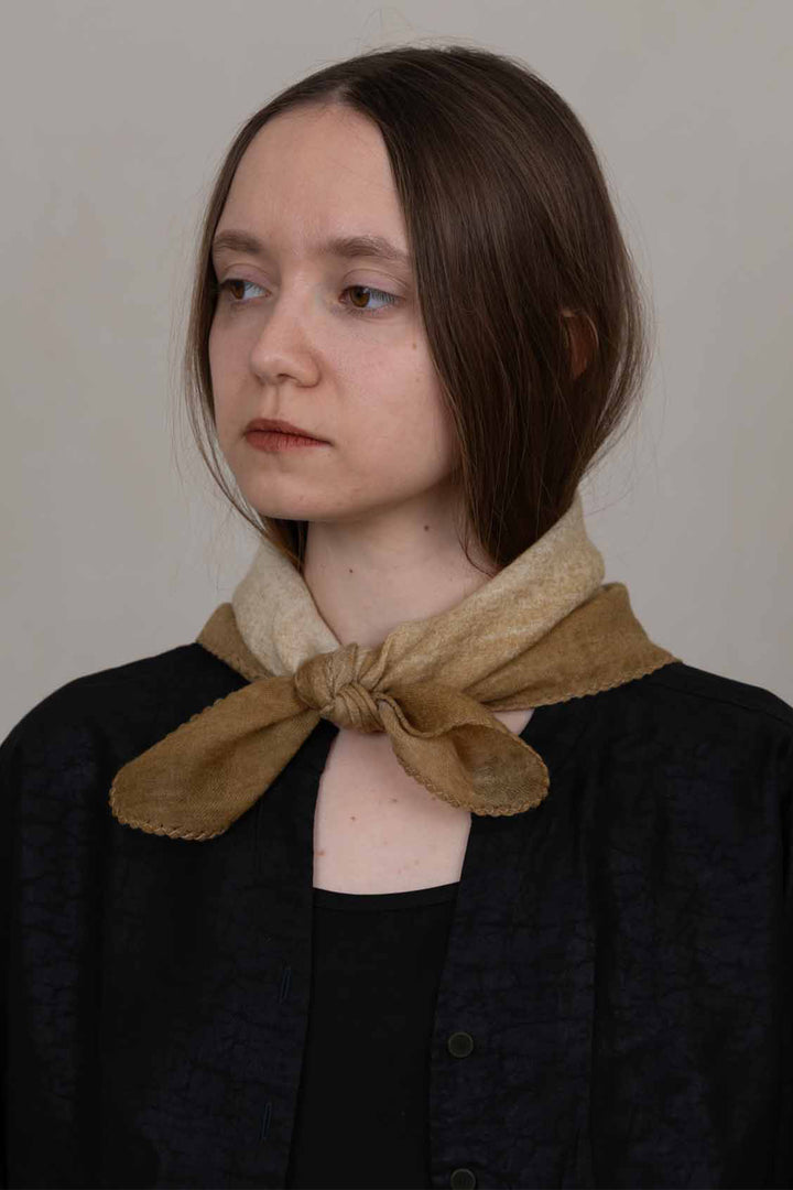 Oats &amp; Rice Muse Butter Yellow Cashmere Foulard Scarf OR26-WNS03, worn at the neck, front view