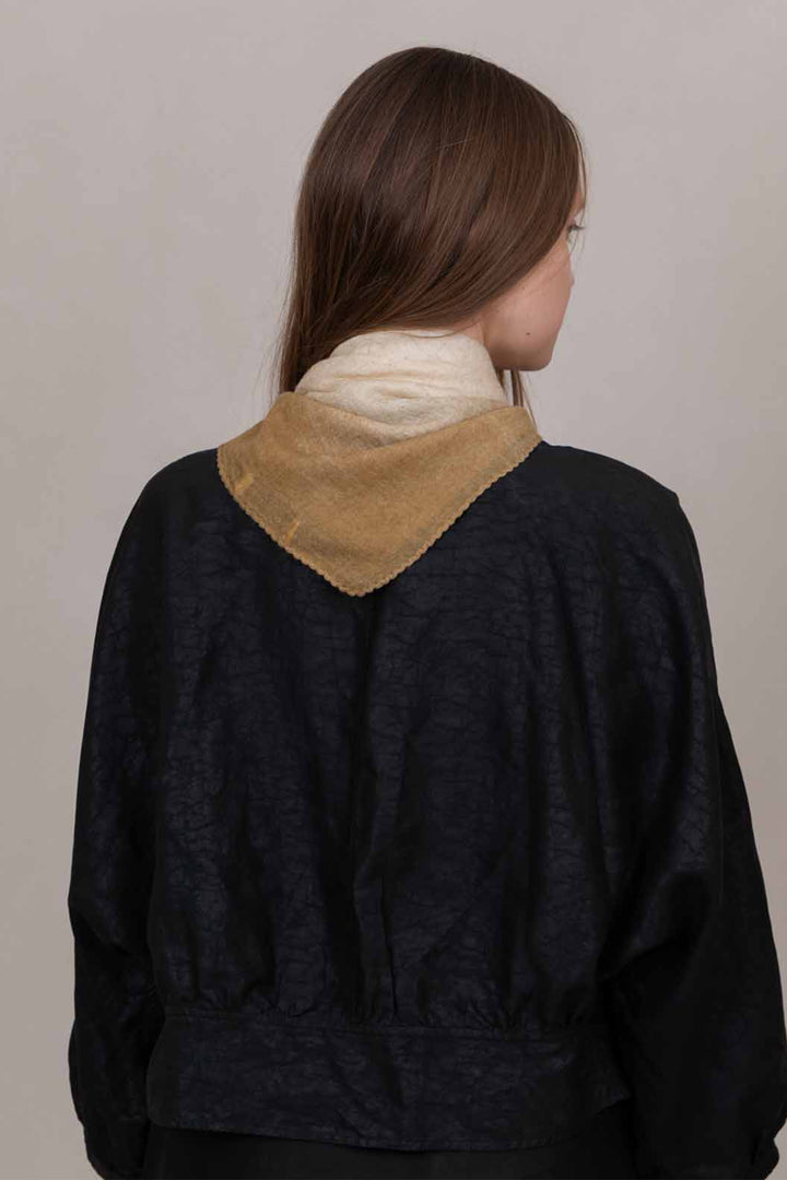 Oats &amp; Rice Muse Butter Yellow Cashmere Foulard Scarf OR26-WNS03, worn at the neck, back view