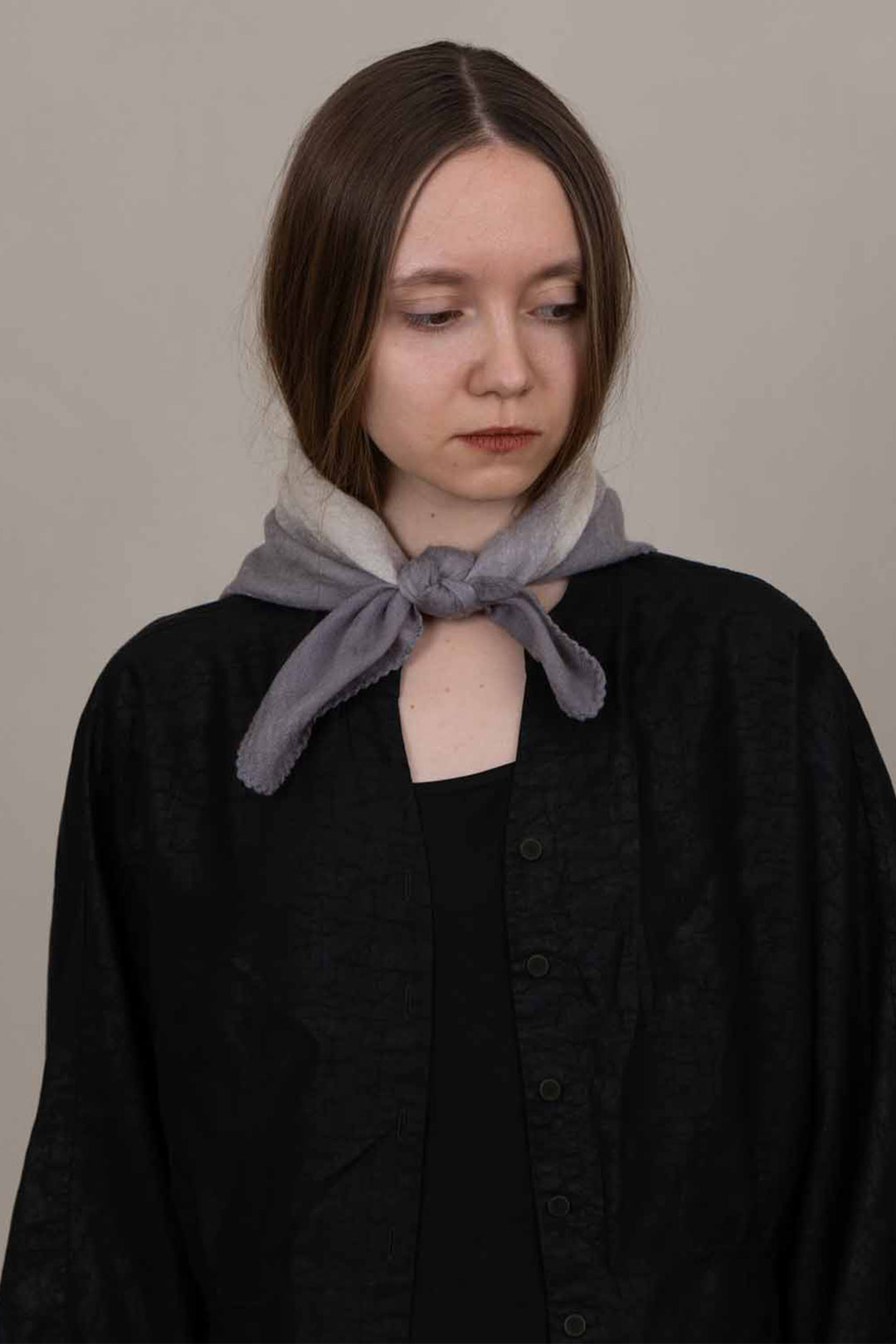 Oats &amp; Rice Muse Grey Cashmere Foulard Scarf OR26-WNS03, worn at the neck, front view