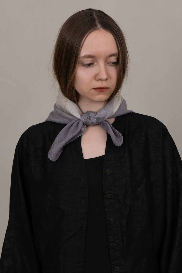 Oats &amp; Rice Muse Grey Cashmere Foulard Scarf OR26-WNS03, worn at the neck, front view