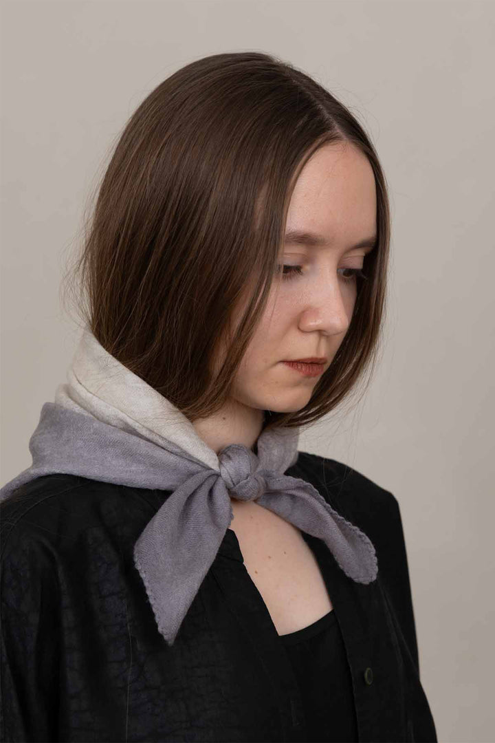 Oats &amp; Rice Muse Grey Cashmere Foulard Scarf OR26-WNS03, worn at the neck, side view
